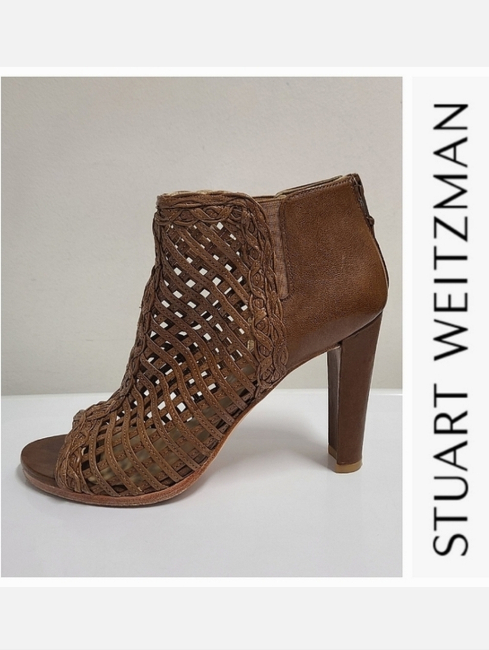 Stuart Weitzman WAYIN Ankle Booties Brown Nappa Leather Caged Open Toe 3¾" Sz 8
